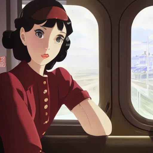 Prompt: portrait of a beautiful girl with dark hair dressed in 1940's fashion sitting in the interior of a train, looking outside the window beside her to the dieselpunk city outside of the window, rich vivid colors, ambient lighting, dynamic lighting, 4k, HQ, official media, anime key visual, makoto shinkai, ilya kuvshinov, lois van baarle, rossdraws, detailed, trending on artstation