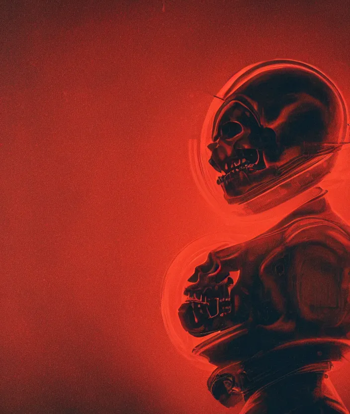 Image similar to a portrait of an astronaut, his head is a skull, the skull is screaming, mysterious, very aesthetic, cinematic and dramatic red light, in the style of edward hopper 4 k,