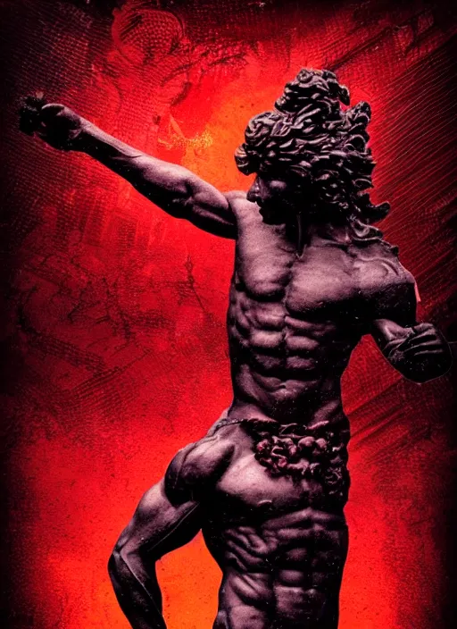 Image similar to dark design poster showing a statue of hercules, black background with very subtle red purple design elements, powerful, nekro, vito acconci, thin straight lines, dark, glitch art, neo vaporwave, gritty, layout frame, square, trending on artstation