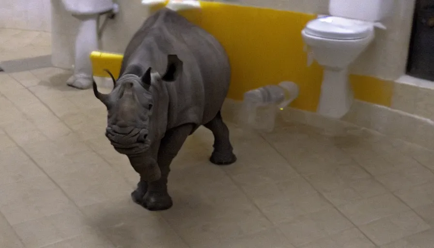 Image similar to a rhinoceros in a public bathroom with yellow tiles floor, mini dv camera found footage, very very low quality, heavy grain, heavy jpeg artifact blurry, caught on trail cam