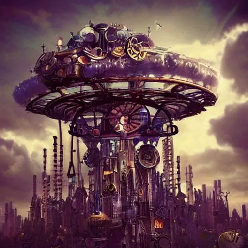 Image similar to flying city in a mechanical flower flower flower flower, sky, steampunk!!!, fantasy art, steampunk, masterpiece, octane