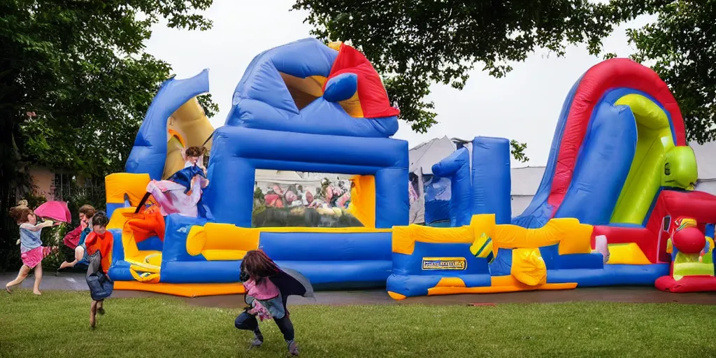 Image similar to a bouncy castle with children inside blowing in the wind during a violent thunderstorm, hyperreal