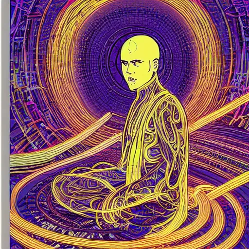 Prompt: technical illustration of a monk meditating in a neon lit ying yang, cyber punk forest, interconnected woven circuitry and cables, ornate details, stefan gesel, yoshitaka amano, alphonse mucha