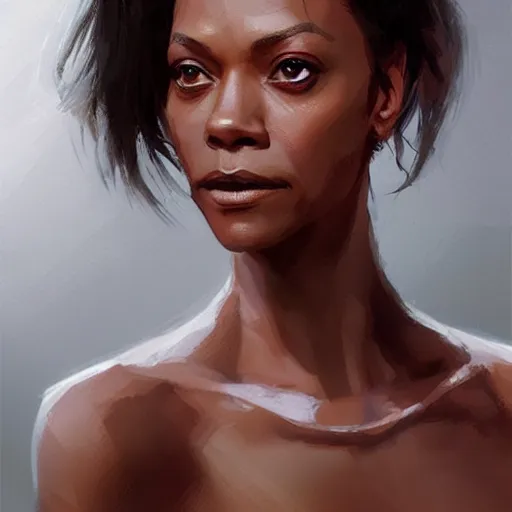 Image similar to “ portrait of zoe saldana by greg rutkowski, young, attractive, highly detailed portrait, scifi, digital painting, artstation, concept art, smooth, sharp foccus ilustration, artstation hq ”