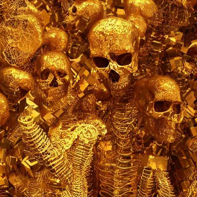 Image similar to golden skeleton fragmented into tiny pieces, 3d render, 4k, artstation