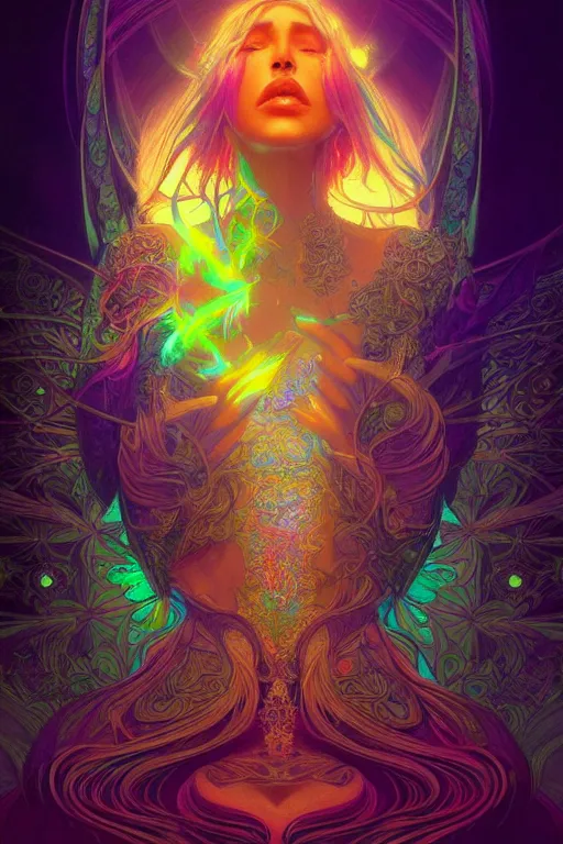 Prompt: psychedelic acid trip, blacklight reactive, [sexy], fantasy, intricate, elegant, highly detailed, digital painting, artstation, concept art, matte, sharp focus, illustration, art by Artgerm and Greg Rutkowski and Alphonse Mucha