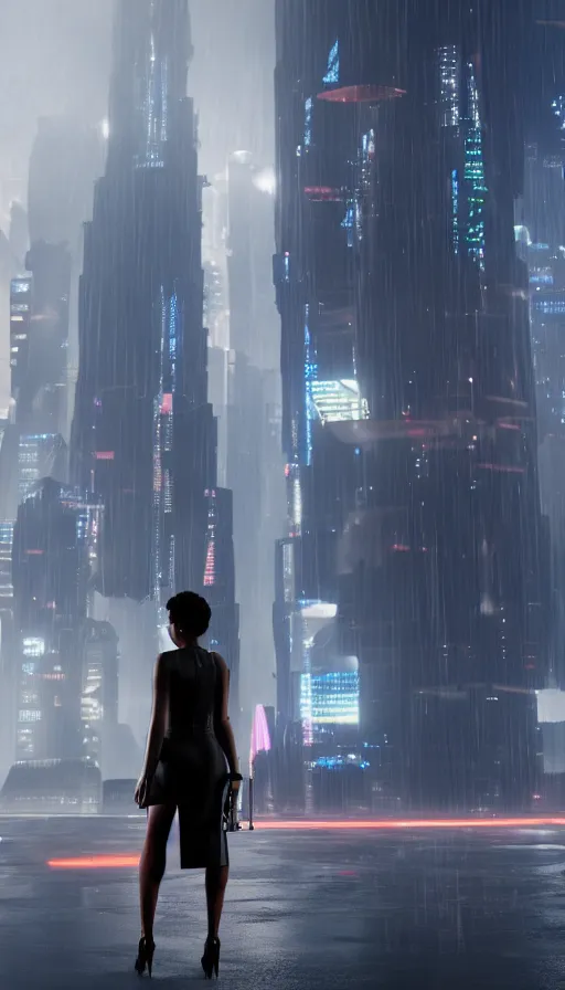 Prompt: an elegant Black woman in cocktail dress and heels, holding a blaster, her back is to us, looking at a futuristic Blade Runner city, 8K, ultra realistic