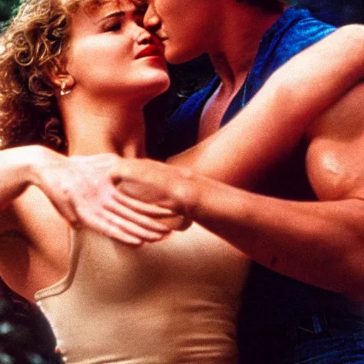 Prompt: dirty dancing poster with closeup portrait of young arnold schwarzenegger lifting up jennifer lawrence in the rain, 5 0 mm cinema shot, beautiful light, best lense, 9 0 s romantic movie, 4 k