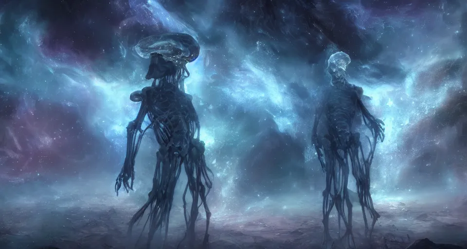 Prompt: a photo of an enormous humanoid pearlescent!! smoke!! skeletal ephemeral!! cosmic! old god!! floating in space!! in a nebula!!!!, 4 k, unreal engine, concept art, matte painting, cosmic horror!!, nightmare, color accents,