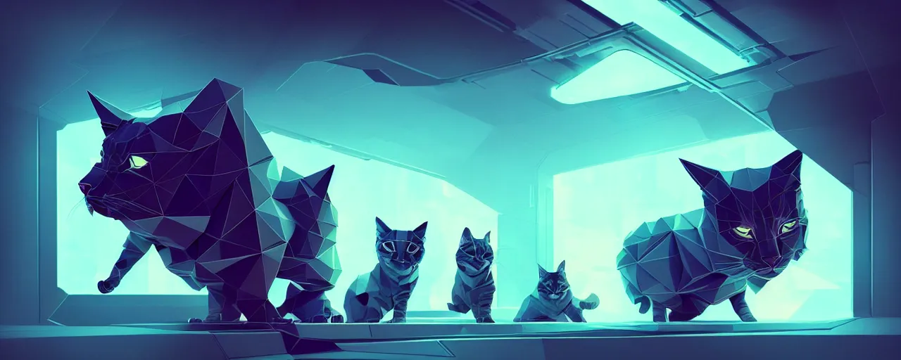 Image similar to duotone noir scifi concept illustration of lowpoly cats inside box floating zero gravity glowing 3 d mesh portals futuristic, glowing eyes, octane render, surreal atmosphere, volumetric lighting. accidental renaissance. by sachin teng and sergey kolesov and ruan jia and heng z. graffiti art, scifi, fantasy, hyper detailed. trending on artstation