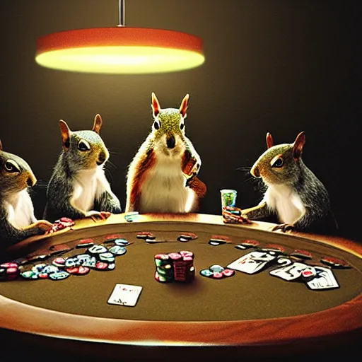 Prompt: a meeting of squirrels playing poker, dramatic lighting