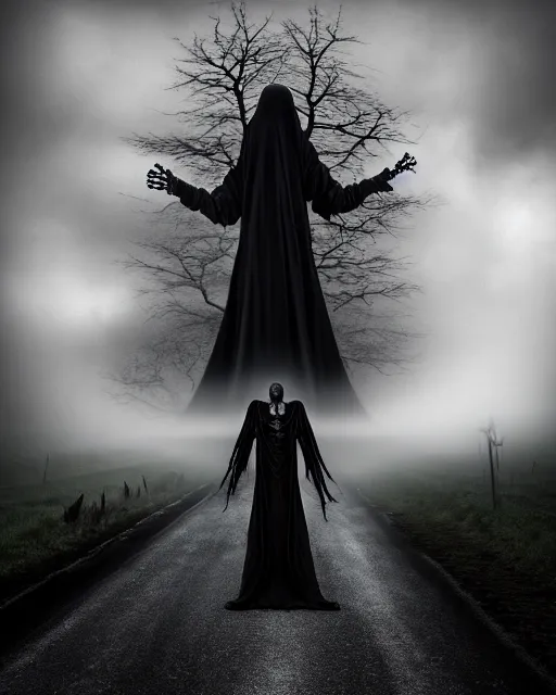 Image similar to center frame gigantic black silk gown skeletal angel of death visiting the Village, walking on the road in housing area, megalophobia, horror, fog, foster, highly detailed, one house, fear, dark inside, dark mammatus cloud,hyper realistic, atmospheric lighting, beksinski, 4k canon 5d mk4,