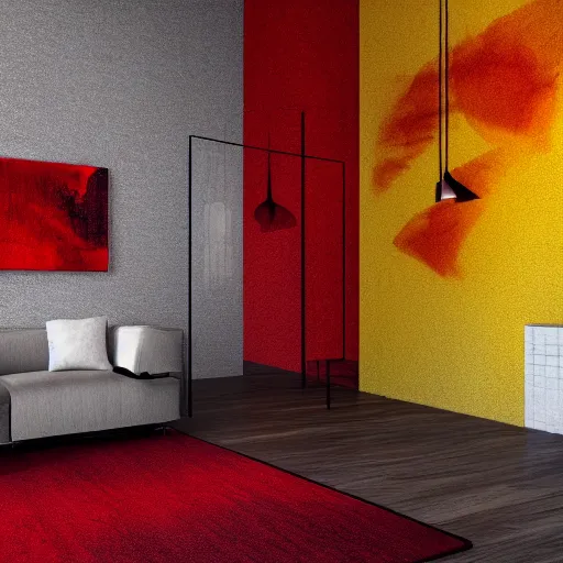 Image similar to interior of an apartment, modern minimal design, abstract painting as wallpaper texture, red, yellow, vivid colors, photorealist, 4 k