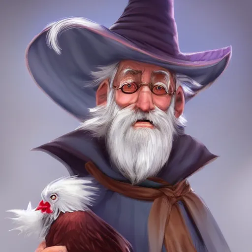 Image similar to character concept art of a kind old wizard with a long white beard looking a confused, holding a pet chicken perched top of his hat, wearing a blue robe, grey eyes, realistic, detailed, trending on ArtStation, by Tony Sart