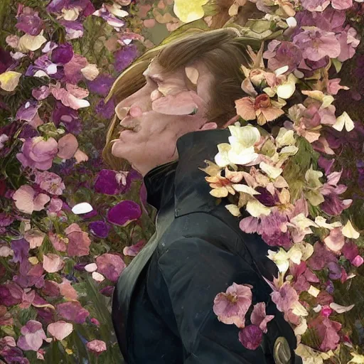 Prompt: a portrait of willem defoe looking up as flower petals flow gently as a breeze blows them from left to right on a cloudy day with blue skies, art by artgerm and greg rutkowski and magali villeneuve and alphonse mucha and rossdraws and makoto shinkai, d & d, fantasy, highly detailed, digital painting, trending on artstation