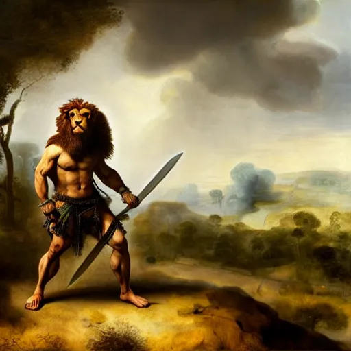 Prompt: muscular lion as barbarian hunter with sword , human muscular body ,very textured detailed oil painting panoramic 4k hires detailed portrait by rembrandt, dramatic clouds, thunder in the foggy jungle ,sun rays through trees