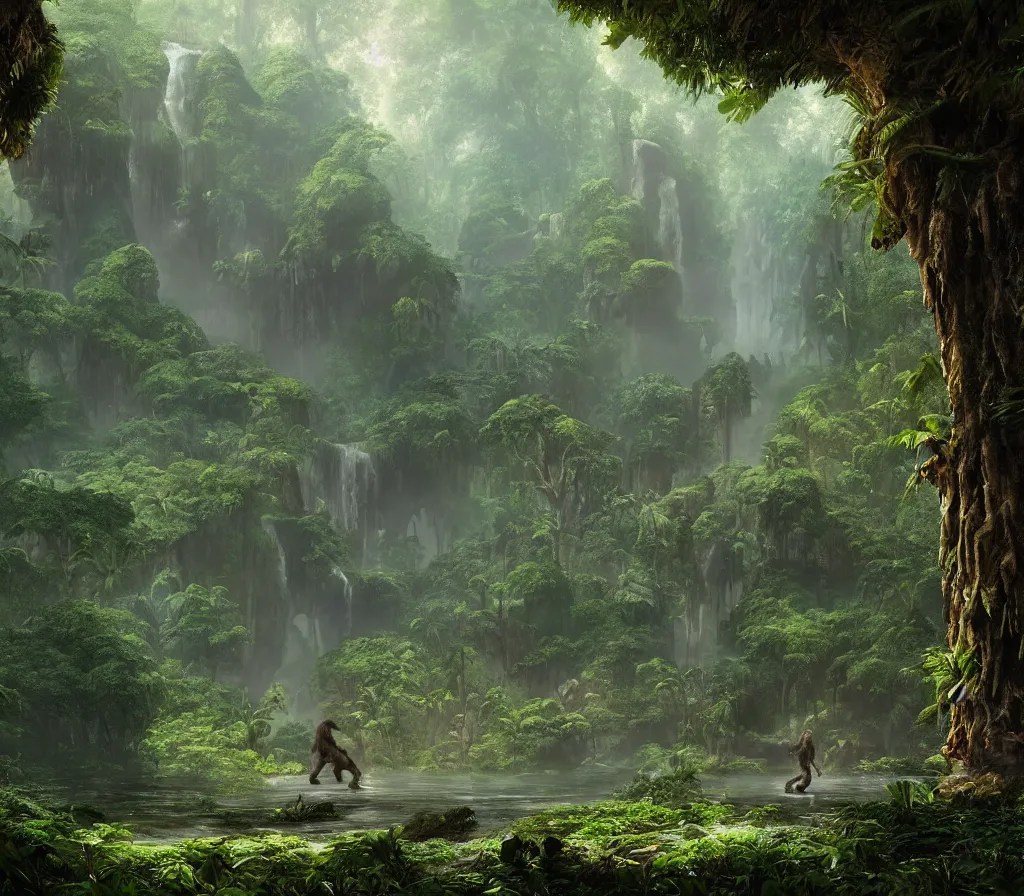 Prompt: matte painting of bigfoot in rain forest, large dinosaurs in background, style by thomas cole and greg rutkowski and ross tran, global illumination, unreal engine!!!