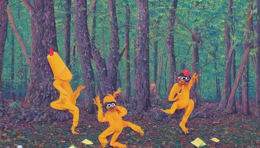 Prompt: safety cones scattered around an oak tree forest, man in muppet gorilla sri lankan costume dancing in the distance dancing, by james jean by ilya kuvshinov kintsugi, hyper detailed surrealist painting