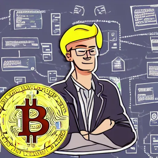 Image similar to digital art of software developer in a farewell from his company, cryptocurrency in the background