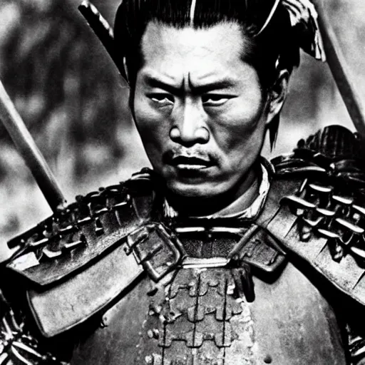 Prompt: A samurai wearing armor in a japanese village, shot by Akira Kurosawa, film still of Seven Samurai (1954)