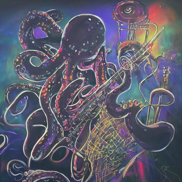 Image similar to a beautiful painting by zeen chin of an octopus playing drums and telecaster guitar in an electronic concert, dark background, concert light, dark mood, warm lights