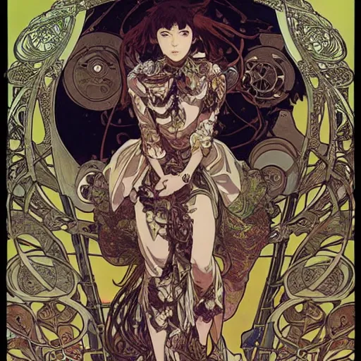 Image similar to alphonse mucha yoji shinkawa moebius jean girard shintaro kago junji ito esoteric hypnogogic ethereal ethereality dreamy combat mech dieselpunk incredible intricate machinery illusionary art and trash polka