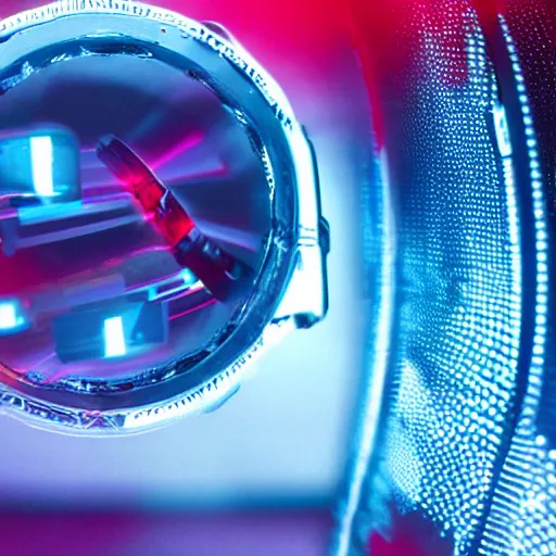 Image similar to a close up of a machine with a red light, a microscopic photo by niels lergaard, shutterstock contest winner, holography, quantum wavetracing, anamorphic lens flare, ray tracing