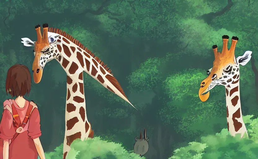 Image similar to a girl spending her day at the zoo, feeding a giraffe, a Studio Ghibli style scene, digital art, 4k