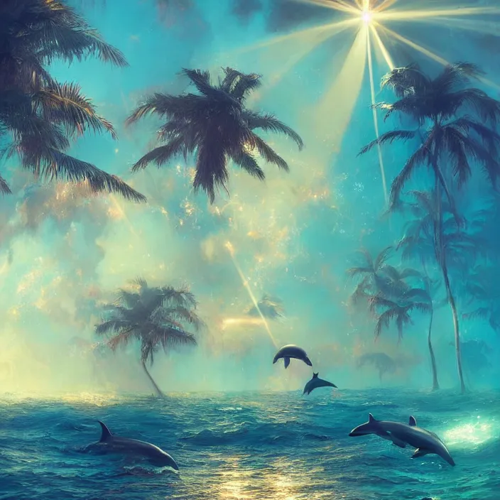 Image similar to dolphins swimming, golden hour, god rays, dreamscape by artgerm and ruan jia and ismail inceoglu and greg olsen, palm trees, cosmos, milky way galaxy, masterpiece, beautiful, intricate, elegant, highly detailed