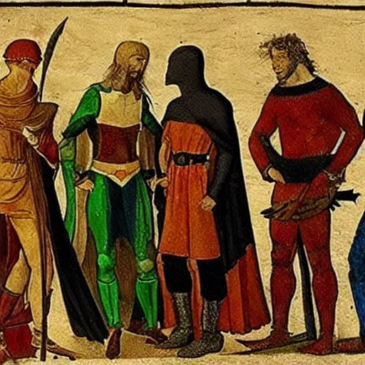 Prompt: medieval painting of people having discussion with batman by Leonardo Davinci, elegant
