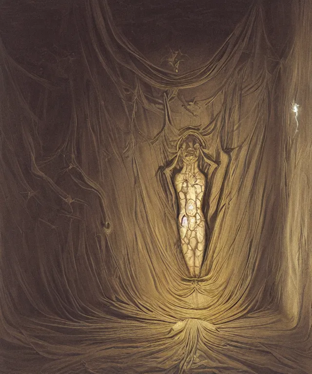 Image similar to The room without doors and windows with beautiful full-body wax sculpture of the glowing woman with visible golden bones inside her in the singularity where stars becoming baroque folds of dark matter by Michelangelo da Caravaggio, Nicola Samori, William Blake, Alex Grey and Beksinski, dramatic volumetric lighting, detailed oil painting, 8k, masterpiece