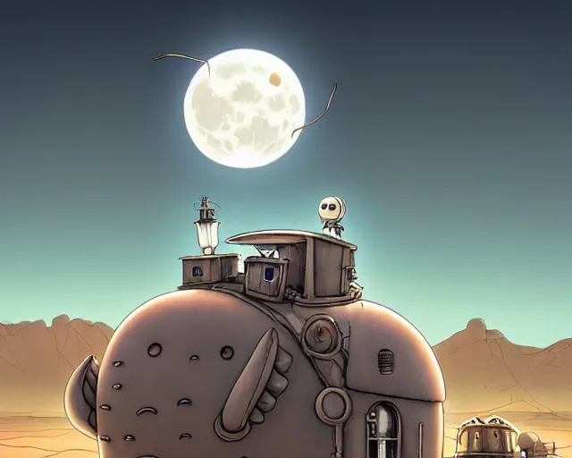 Image similar to a cell shaded cartoon grey lovecraftian mechanized lightbulb from howl's moving castle ( 2 0 0 4 ), with a big head, on a desert road, wide shot, in front of a big moon, muted colors, post grunge, josan gonzales, wlop, by james jean, victor ngai, hq, deviantart, art by artgem