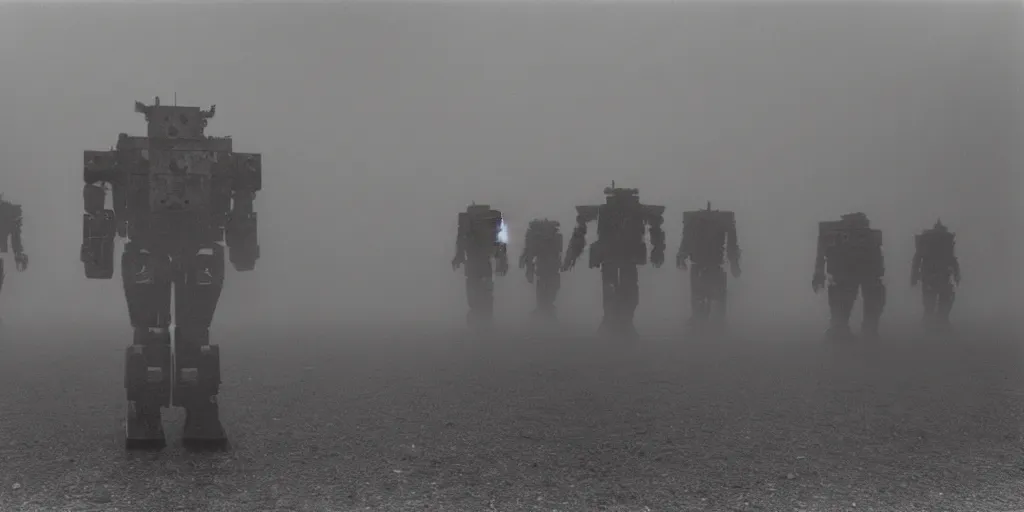 Prompt: Army of Giant death robots walk through the mist , frightening, ghastly, photorealistic, old film, 35mm film, found film, scary, ominous,, by bruce davidson, on hasselblaad