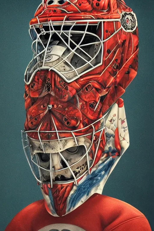 Image similar to a portrait of a hockey goalie helmet with a japanese devil skull animal illustrated by miyazaki by karol bak, james jean, tom bagshaw, rococo, sharp focus, trending on artstation, cinematic lighting, hyper realism, octane render, 8 k, hyper detailed, vivid, ultra detailed, highly detailed