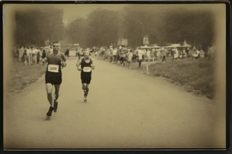 Image similar to dark old polaroid of a sad man running a marathon