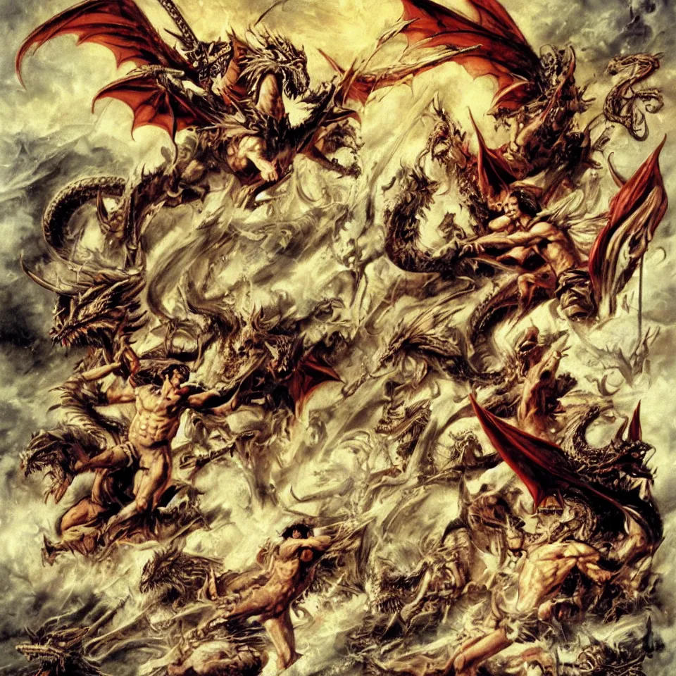 Prompt: There was war in heaven, Michael and his angels fought against the dragon, and the dragon fought and his angels, and prevailed not, neither was their place found any more in heaven. And the great dragon was cast out, that old serpent, called the Devil, and Satan, which deceived the whole world, he was cast out into the earth, and his angels were cast out with him. Acrylic on Canvas.