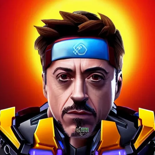 Prompt: Robert Downey Jr as a character in the game Overwatch, with a background based on the game Overwatch, detailed face, action shot