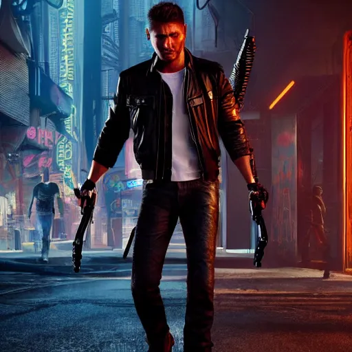 Prompt: a detailed full bodied 3 d render of an extremely handsome jensen ackles as the terminator walking down a dark alley in cyberpunk 2 0 7 7, holding futuristic crossbow, volumetric lighting, octane render, 8 k, art by greg rutkowski and albert bierstadt and alphones mucha