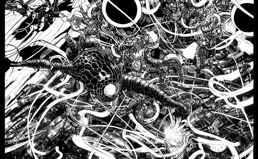 Image similar to black and white avengers with tentacles fights with marvel monsters with wires, isometric, by tsutomu nihei, background cybernetic planets