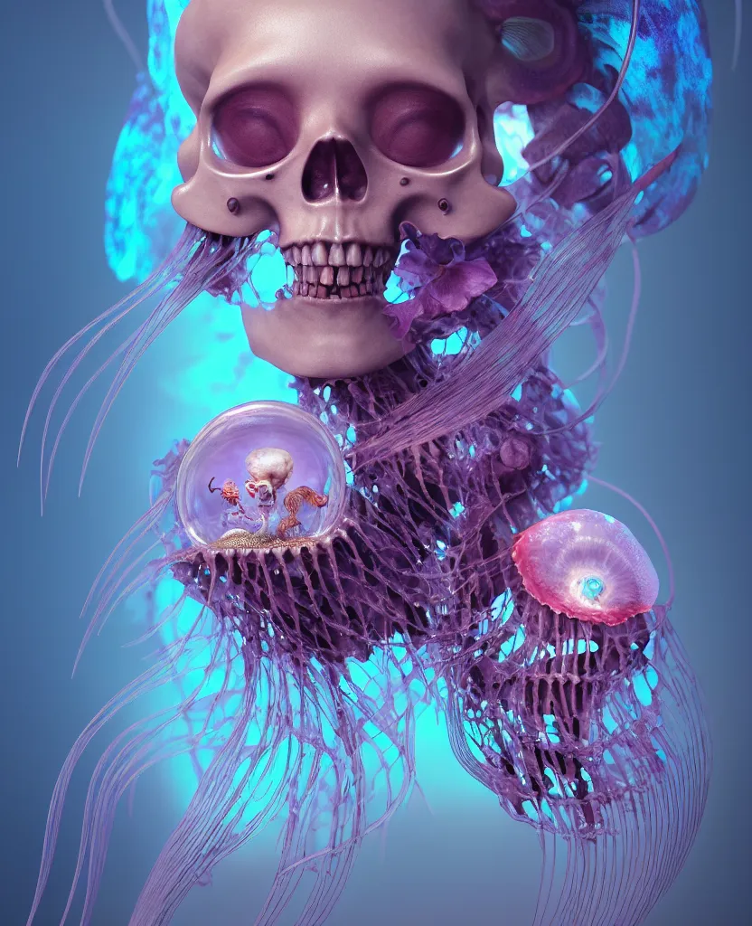 Image similar to goddess close - up portrait human skeleton, ram skull, jellyfish, orchid, betta fish, bioluminiscent, intricate artwork by tooth wu and wlop and beeple. octane render, trending on artstation, greg rutkowski very coherent symmetrical artwork. cinematic, hyper realism, high detail, octane render, 8 k