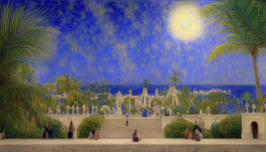 Prompt: a ultradetailed beautiful painting of the night sky of the amazonas palace balustrade designed by jules bastien - lepage, tarsila do amaral, frank weston and gustave baumann, beach, trending on artstation, mediterranean, palm trees, sharp focus, giant columns, soft light, 8 k 4 k