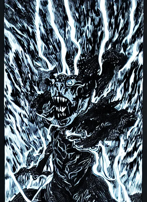 Image similar to pen and ink illustration of a demon monster, blue lightning strikes, agony