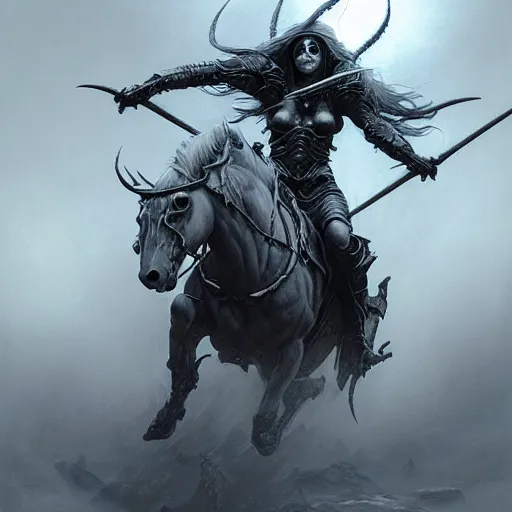 Image similar to concept art by artgerm, death of the four horsemen of the apocalypse, soft grey and blue natural light, intricate, queen of death riding, highly detailed dark art, digital painting, artstation, concept art, smooth, sharp focus, illustration, art by greg rutkowski and luis rollo and uang guangjian and gil elvgren, symmetry!