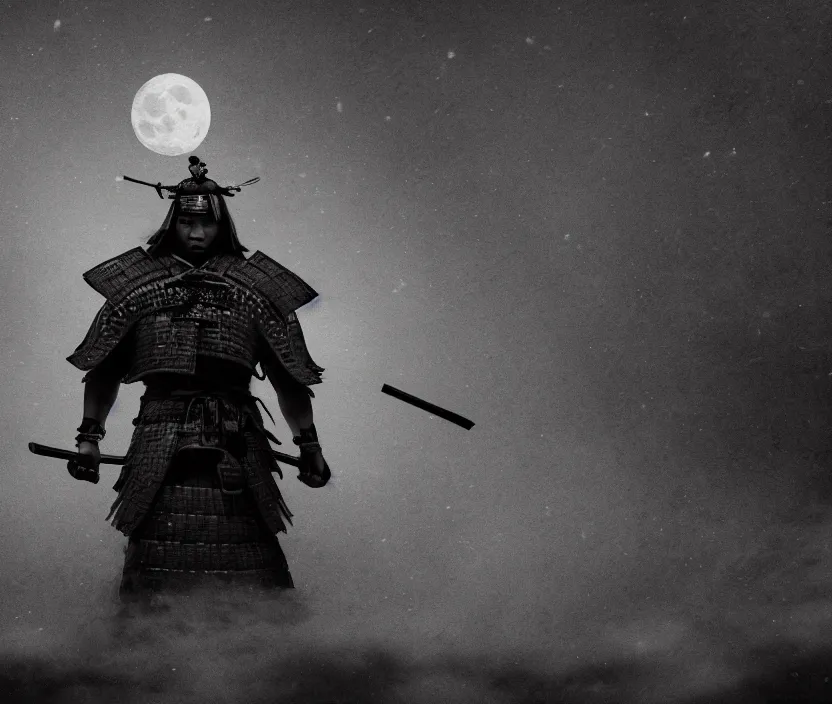 Image similar to '2d design graphic a samurai in the night ,big white moon background , gloomy and foggy atmosphere, octane render, horror scene, highly detailded , black and white ink '