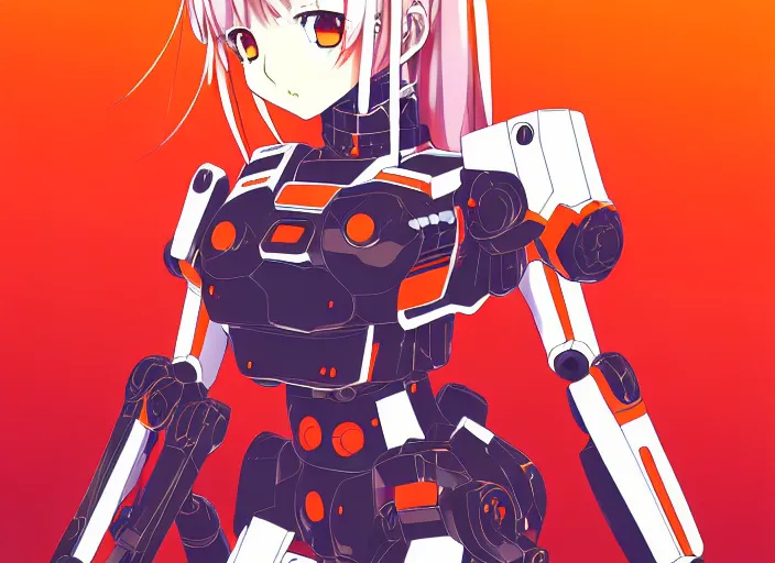 Image similar to anime girl beside her battle mecha,Karolis Strautniekas, omoide emanon, tsuruta kenji, murata range,kawaii, kyoto animation, manga, intricate, detailed, studio lighting, orange red black white, gradation,editorial illustration, matte print, Ilya Kuvshinov, fine stippling