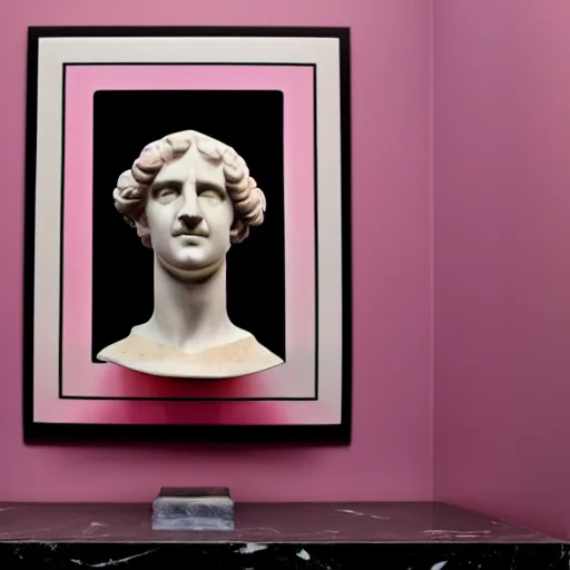 Prompt: a greco - roman marble bust sits on a pink and black checkerboard tile floor, a pink wall in the background with a framed photo of a cityscape at night