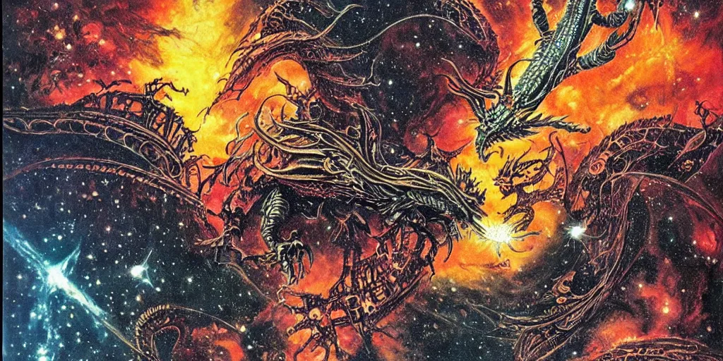 Prompt: an alien dragon flying through outer space, epic nebula, style of philippe druillet matte illustration