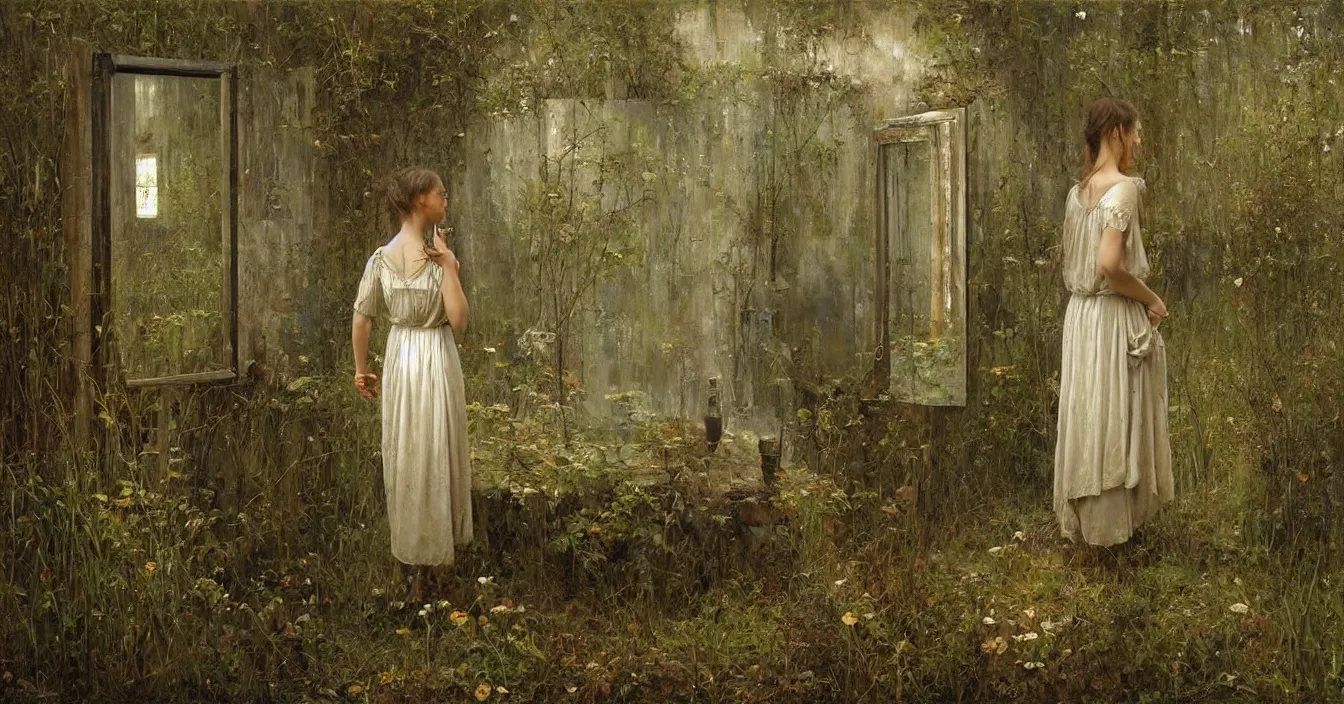 Image similar to the conscious observer watches our world from a silent and ethereal place behind the mirror, very deep stillness atmosphere, silence, dimension of still moment, spiritual feeling, digital art, by daniel ridgway knight