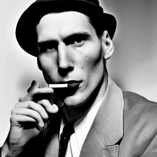 Prompt: jerma 9 8 5 as a private investigator, noir style, 1 9 4 0's, film photograph, high detail, smoking a cigarette, grainy