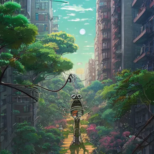 Image similar to a beautiful movie still in the style of Studio Ghibli anime showing a giant alien creature flying through a post-apocalyptic New York City overrun with vegetation. Studio Ghibli, trending on artstation, trending on behance